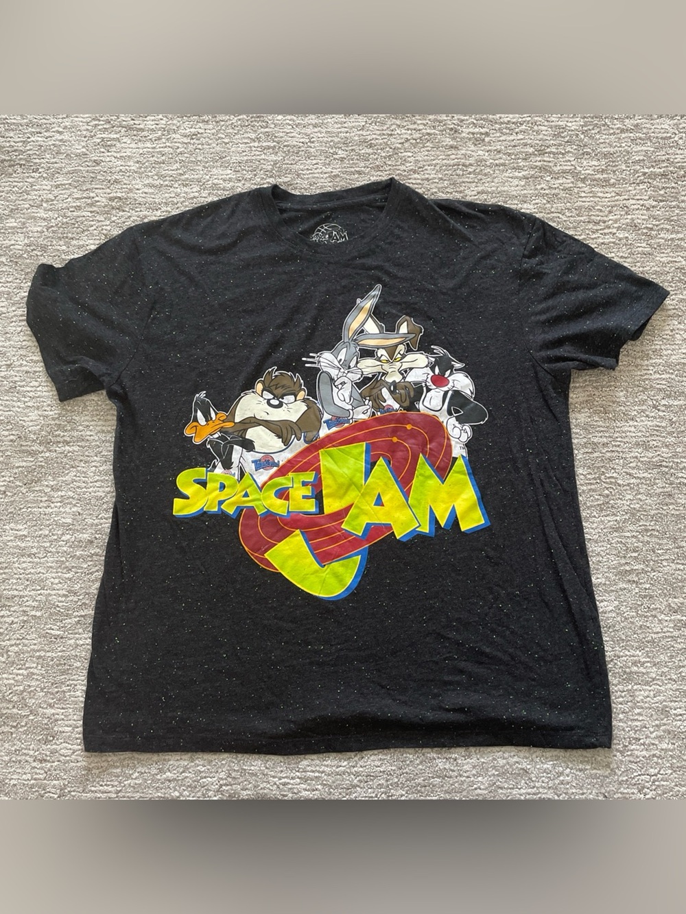 Space Jam Shirt XL Black Confetti Short Sleeve Basketball Looney Tune Squad Mens